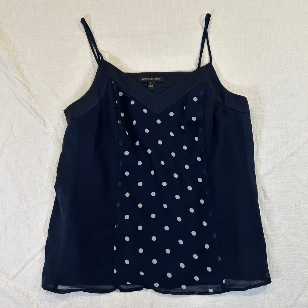 Banana Republic Navy Polka Dot Camisole Top Satin Trim Adjustable Straps Size 10